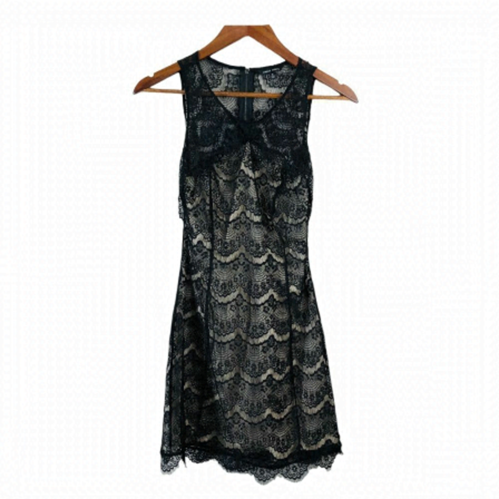Naked ZEBRA Nude Mid Dress with Black Lace Overlay Small